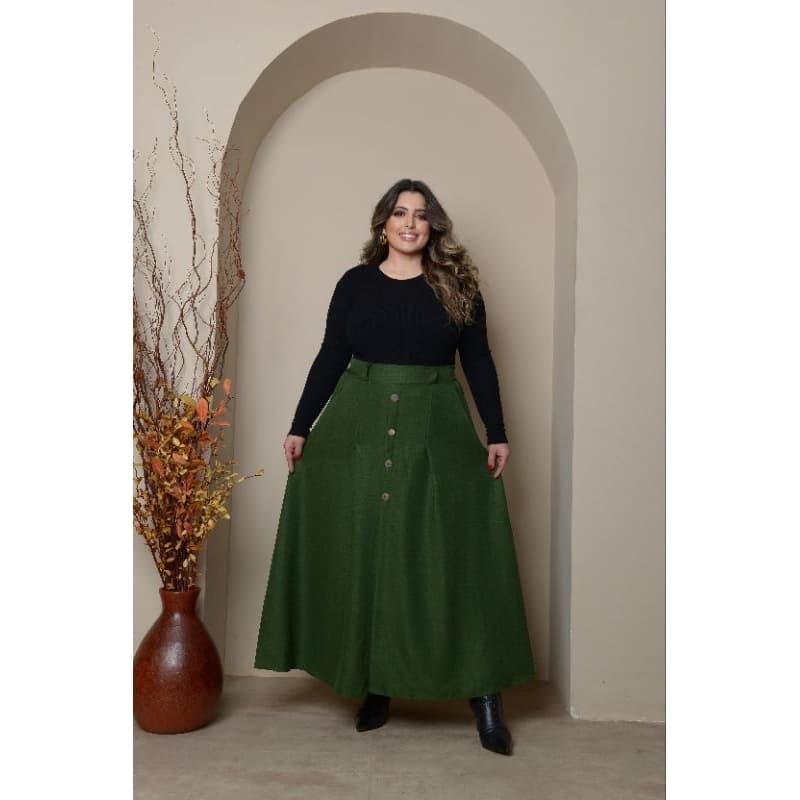 Saia Longa Plus Size em Duna Linho Forrado com Botões na Frente Moda Evagelica