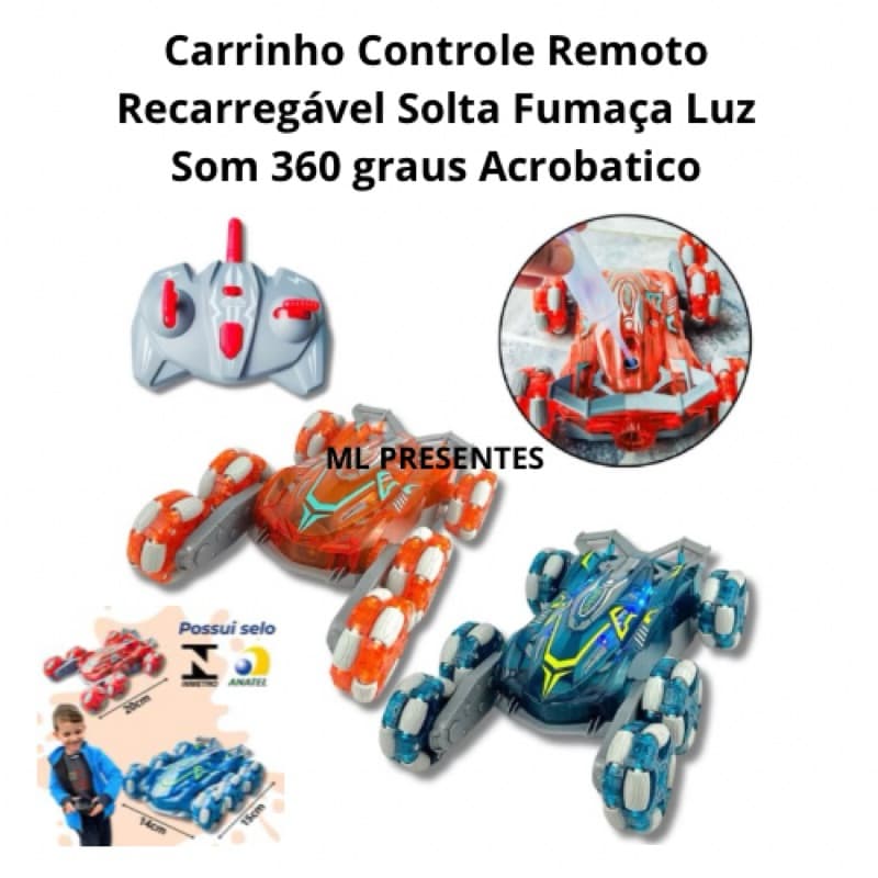 Carrinho Controle Remoto Recarregável Solta Fumaça Luz Som 360 graus Acrobatico