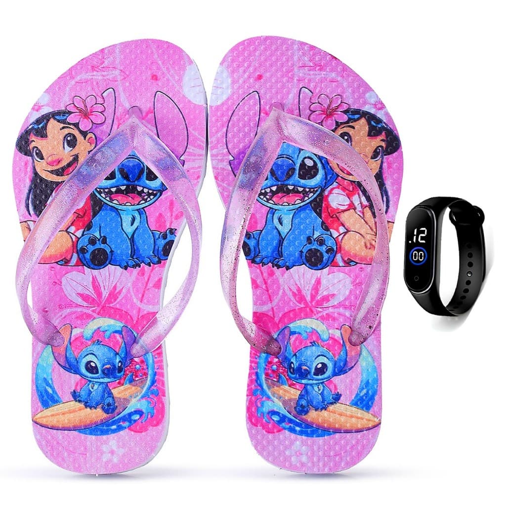 Kit Chinelo Infantil Stitch Menina + Relógio Digital Henry Kids