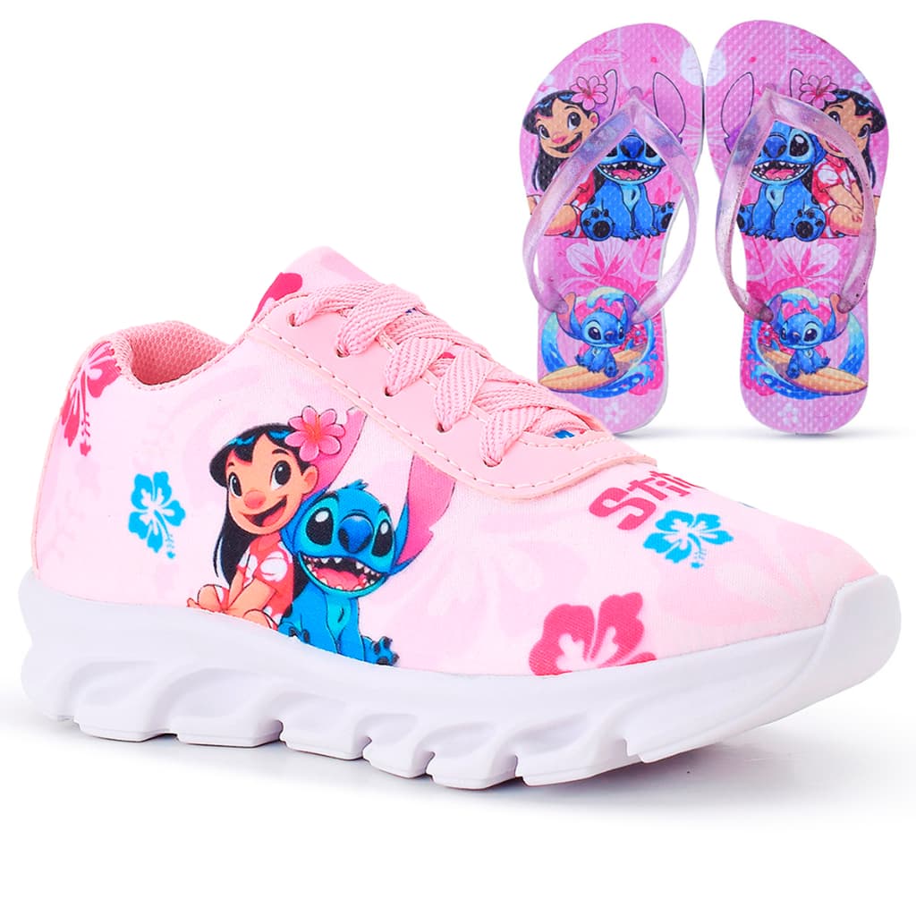 Kit Tênis Infantil Stitch Menina Casual + Chinelo Infantil All Kids