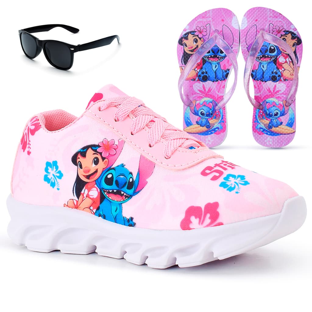 Kit Tênis Infantil Stitch Menina Casual + Chinelo Infantil + Óculos