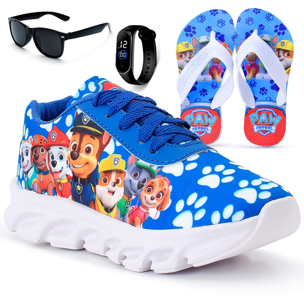 Kit Tênis Infantil Menino Patrulha Canina + Chinelo + Óculos + Relógio Digital