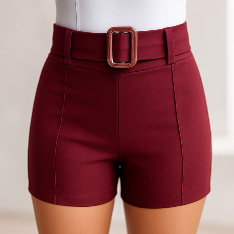 Shorts com cinto fivela Liso Begaline Social Com Bolso Cintura Alta Elastano Meninas