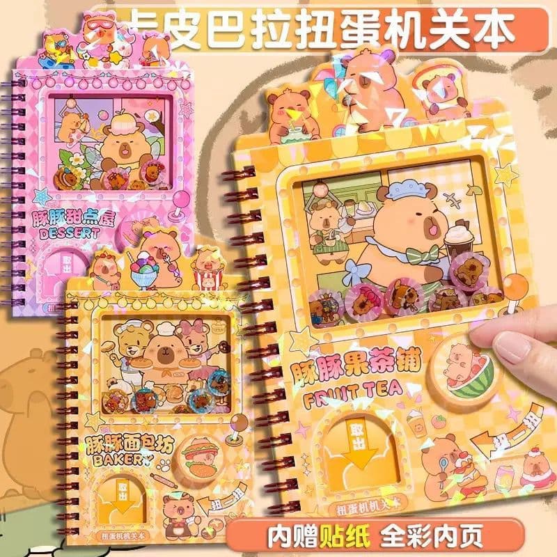 Mini Caderno Espiral Joguinho Girar Capivara com Cartela de Adesivo 48 Folhas Divertida Fofo Kawaii