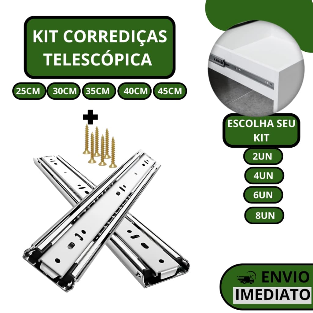 Kit Corrediça Gaveta Trilho Telescópica Light COM Parafusos Tamanhos 25cm - 30cm - 35cm - 40cm - 45cm