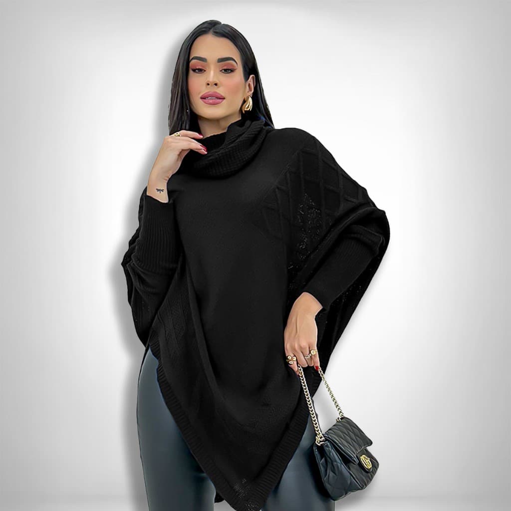 Blusa Poncho Tricot Assimétrico Alongado Manga Longa Suéter