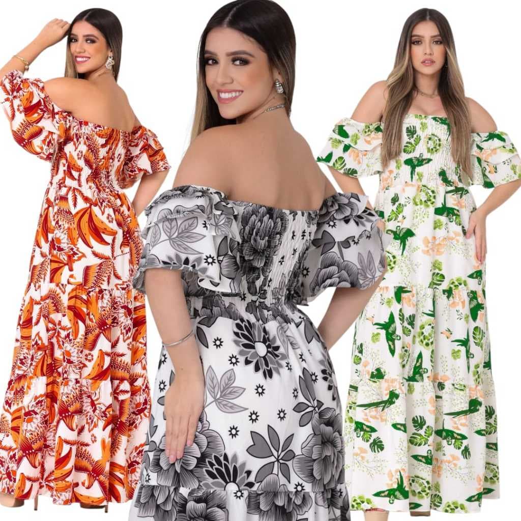 Vestido Longo Feminino Manga Três Marias  Elegante Luxo Moda Evangélica Festa Casual