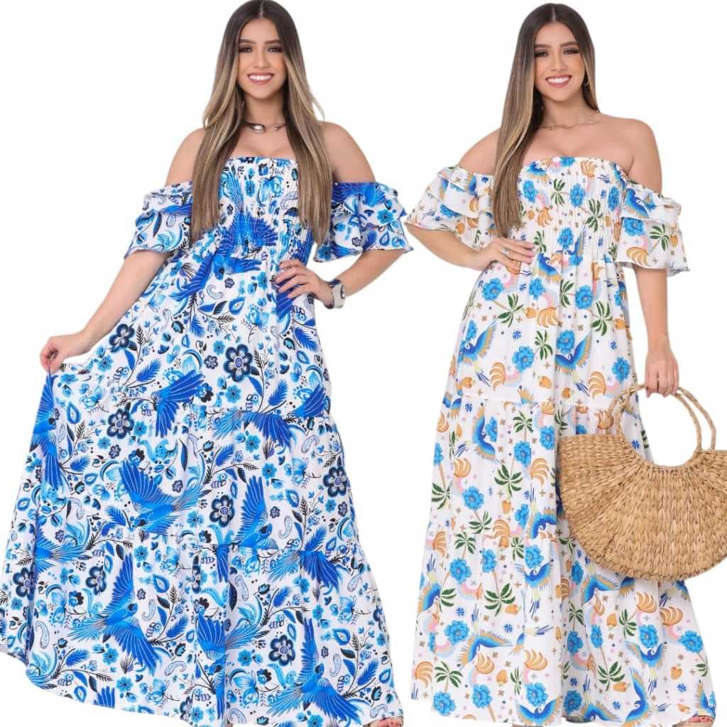 VESTIDO LONGO FEMININO  DE TRÊS MARIA TERCIDO CREPINHO FLOREADO LANÇAMENTO  2025
