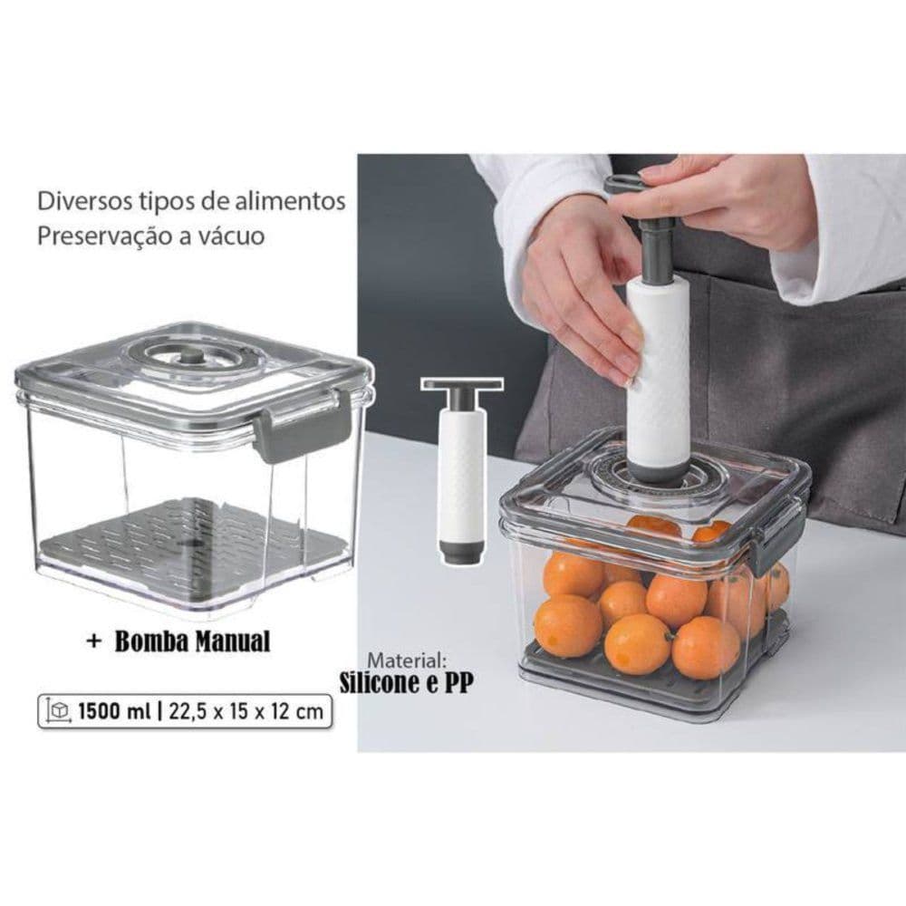 Pote Hermético 1,5L com Tampa Vedação + Bomba Manual a Vácuo Cinza Para Alimentos e Geladeira
