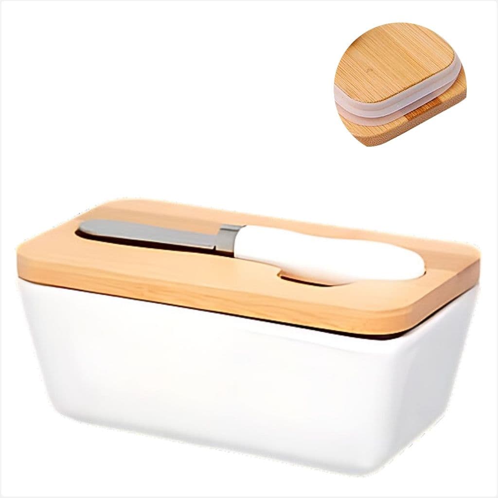 Manteigueira Com Tampa hermética e Espátula 400ml Em Bambu e Porcelana Porta manteiga ou margarina