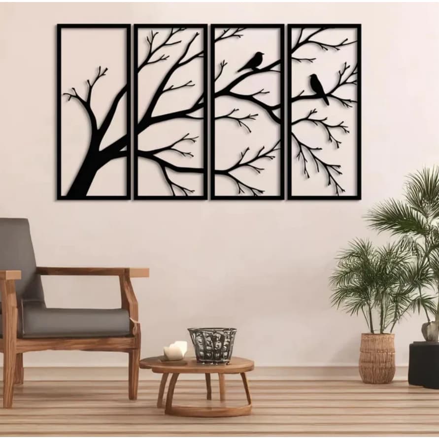 Quadro Decorativo 4 Peças Árvore com Pássaros em MDF - Painel de Parede Moderno