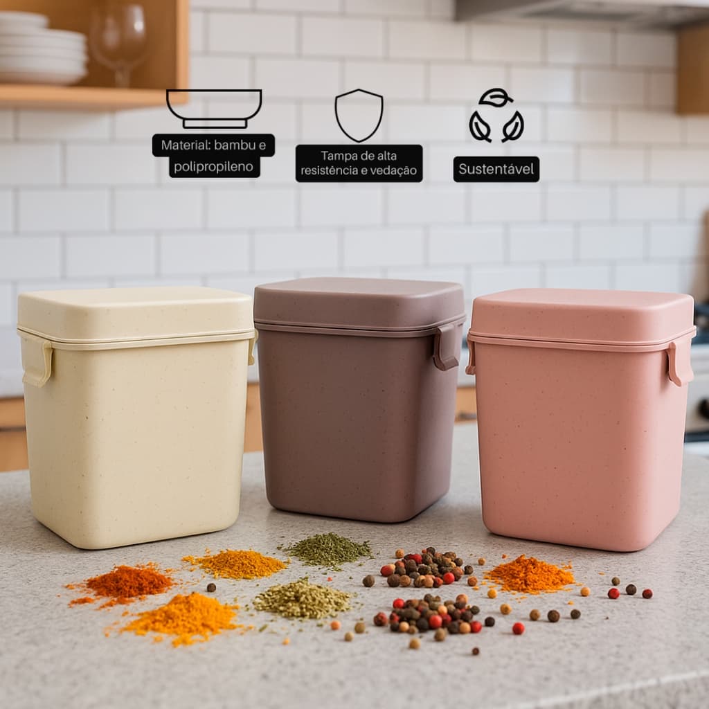 Kit 3 Potes com Trava de Fibra de Bambu- Ecológico e Reutilizável- Ideal para Alimentos Mantimentos
