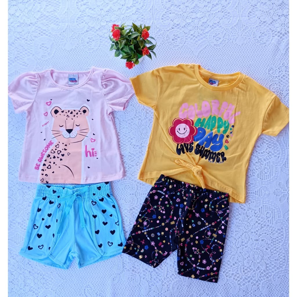 Kit 4 Peças Conjunto Infantil Menina Blusa Short Verão