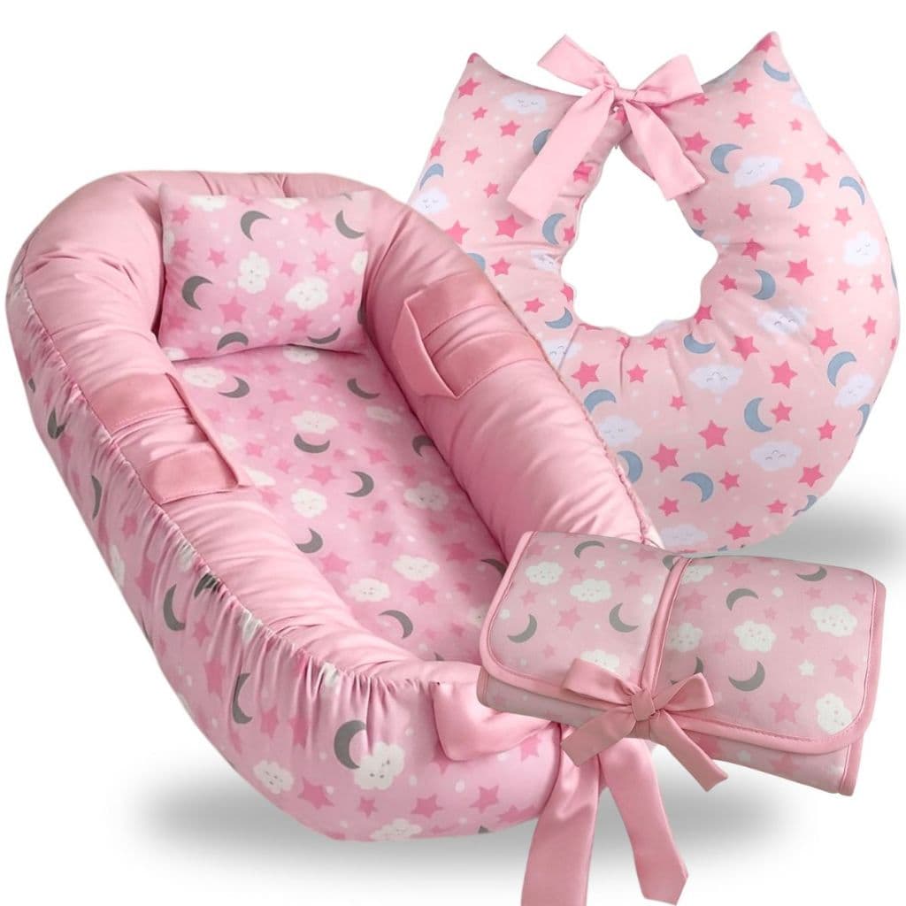Ninho Redutor de Berço Menina Almofada Para Amamentação Trocador Kit 3 Peças Enxoval Bebe Luar Rosa