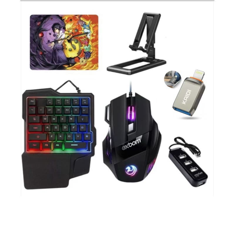Kit Gamer Mobilador  de 1 mão Teclado Mouse 2400dpi Rgb  P/ Celular Free Fire Pubg Cod Para Celular Iphone Otg p/ Iphone