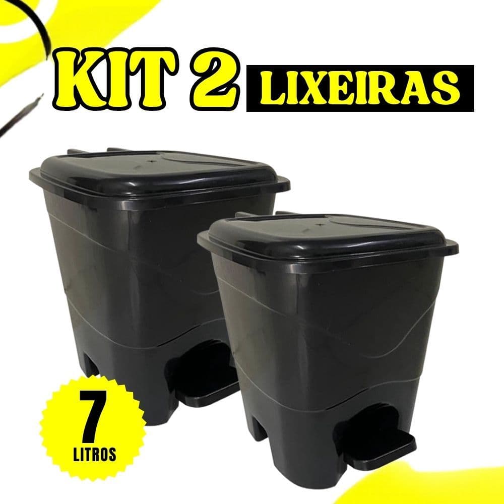 Lixeira Pedal 7l Preta Kit 2 Unidades Cozinha Banheiro Lavanderia Escritório
