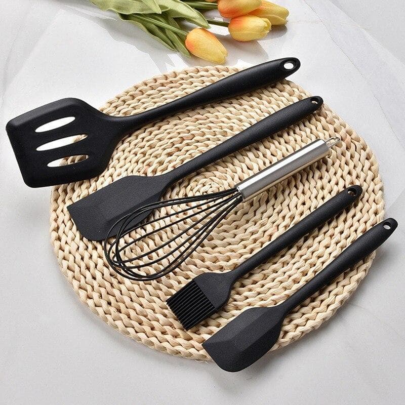 Kit 5 Utensílios de Cozinha em Silicone | Colher, Espátula, Fue, Pincel | Antirrisco e Resistente