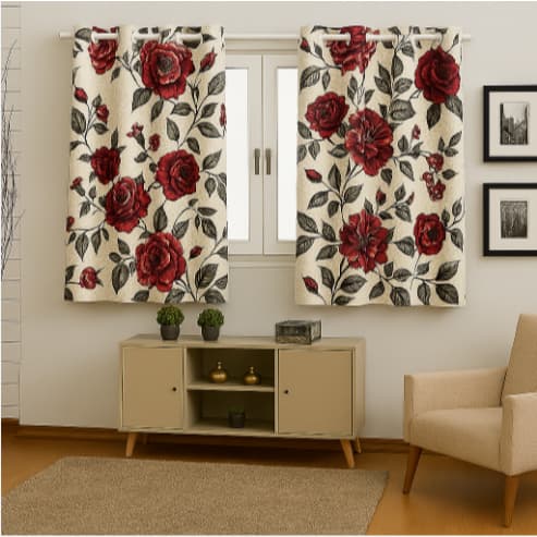 CORTINA QUARTO SALA JANELA 1,35 FLORES VERMELHAS FOLHAS DE OUTONO