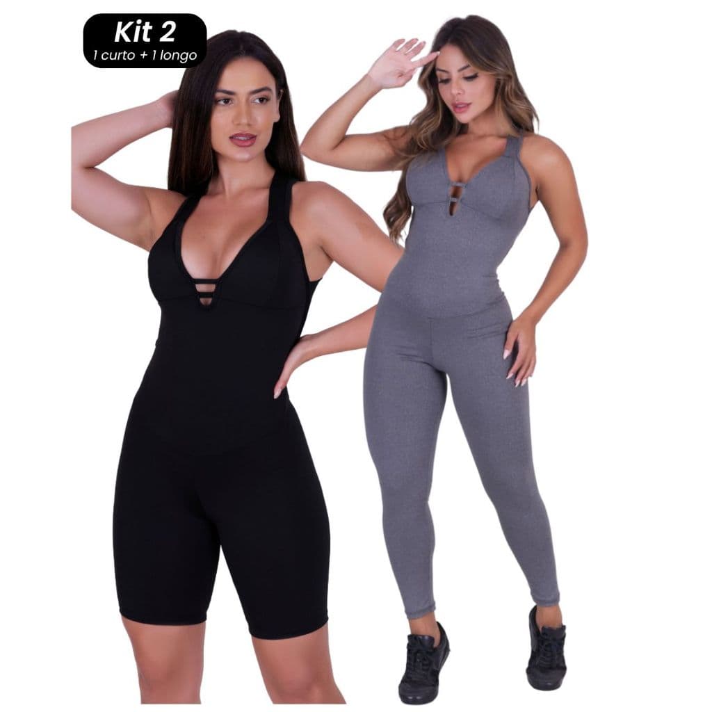 Kit 2 Macacão Longo e Curto Feminino Bojo Removível Suplex Fitness
