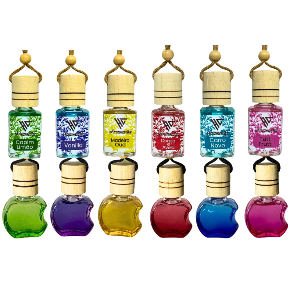 COMBO 12 Unidades - 6 Cheirinhos de Carro Hominicar 10ml +  6 Frascos Maçã Aromatizantes Veiculares