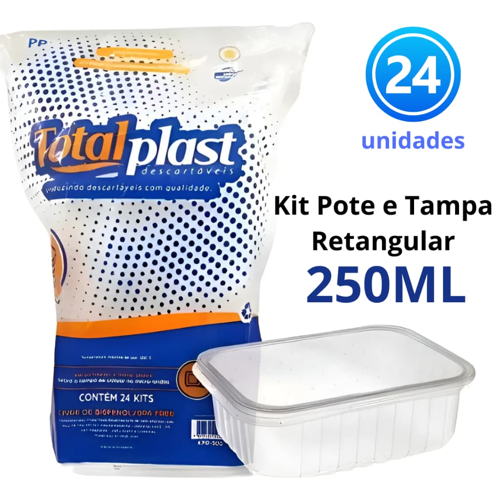 Kit 24 Potes 250ml Retangulares – Marmita Fitness | Micro-ondas & Freezer
