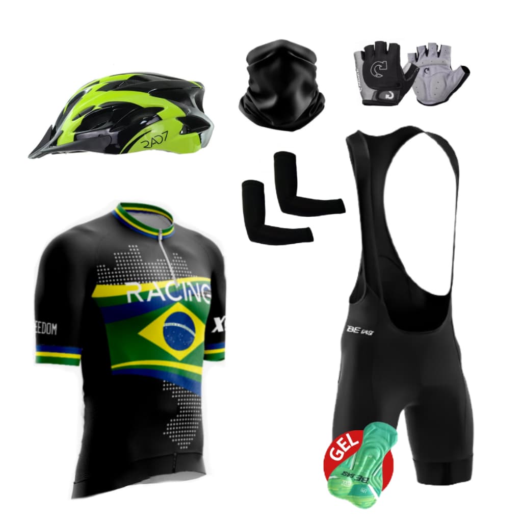 Kit Conjunto Ciclismo Camisa Proteção UV Bretelle C/ Forro Gel + Capacete Ciclismo + Luva + Manguito + Bandana