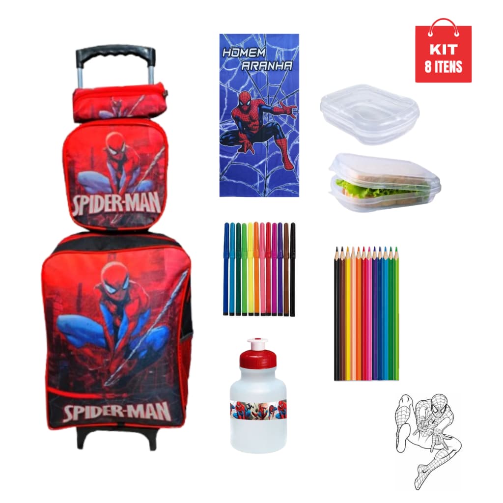 Mochila com Rodinhas Kit Homem Aranha Lancheira Térmica Estojo Canetinhas Squeeze