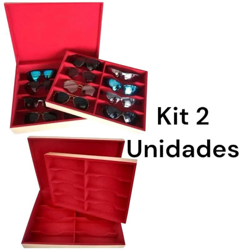 Kit 2 caixas porta óculos organizadora com 16 divisórias flocadas