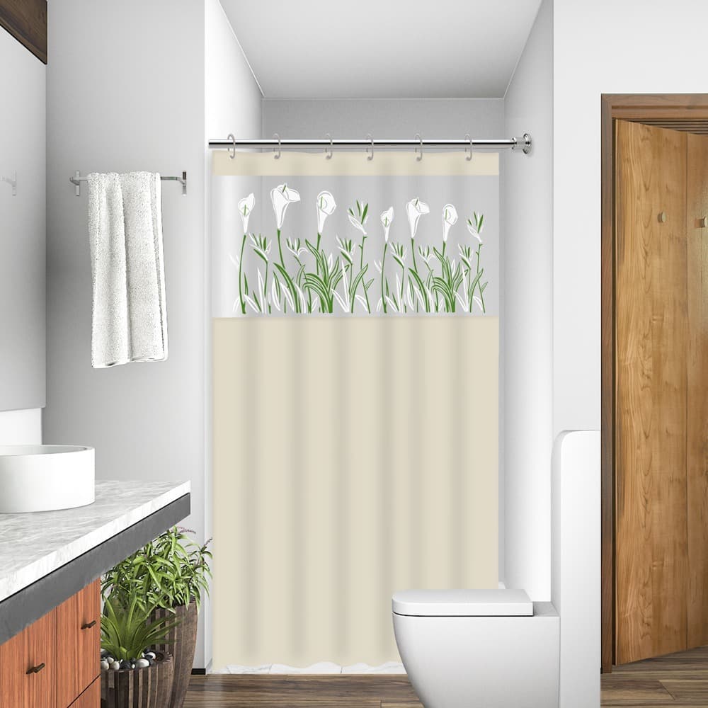 Cortina de Box Bege c/Visor PVC | Impermeável e Antimofo | Estampada + Ganchos