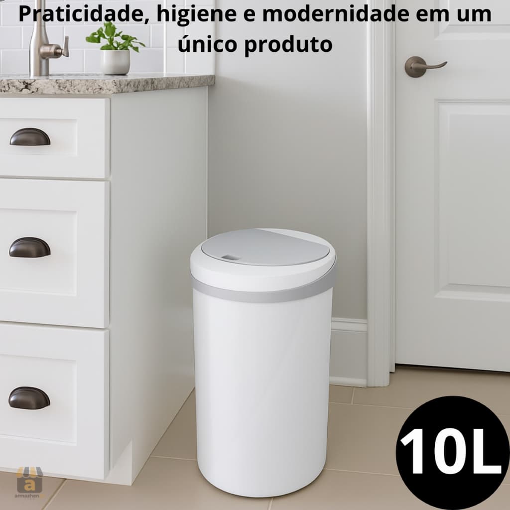 Lixeira Automática Sensor Movimento 10l Tampa Inteligente Cozinha Banheiro Escritório Usb Branca