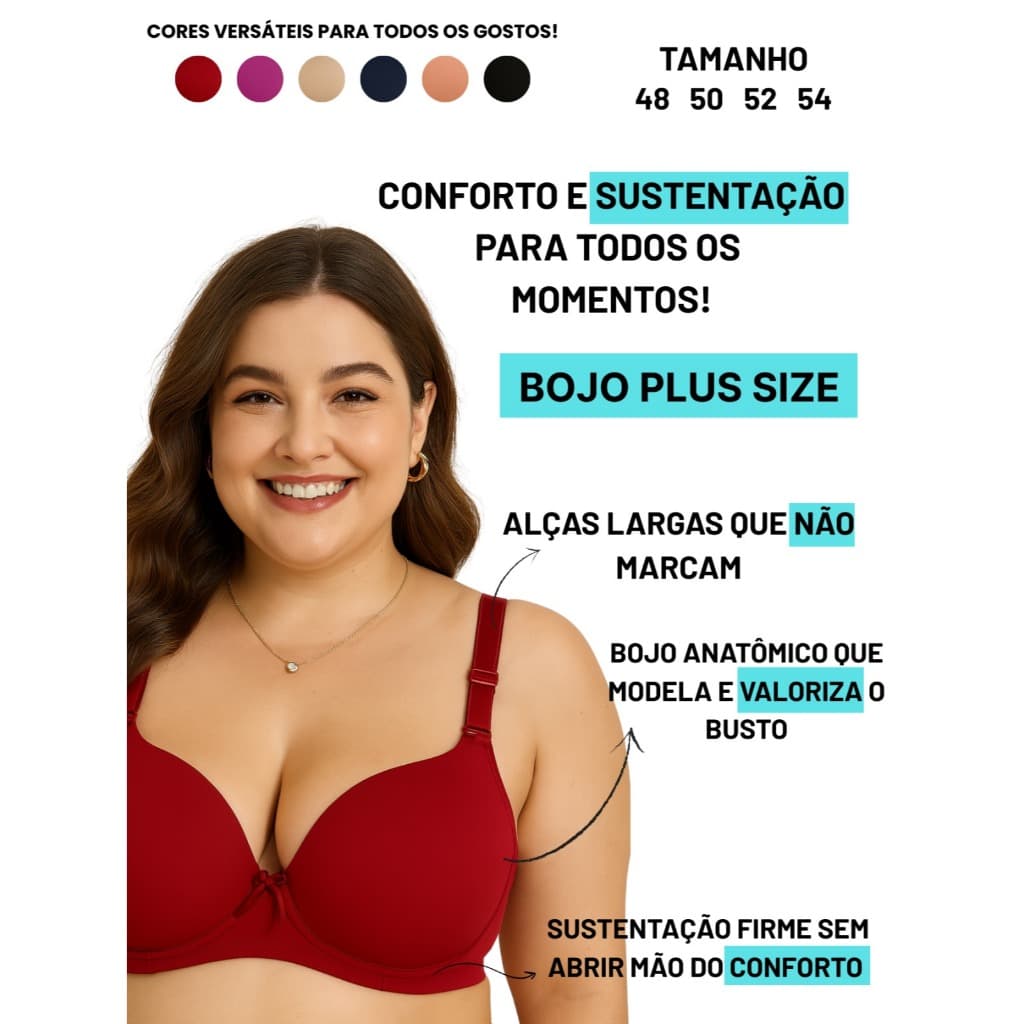 Sutia Plus Size Alça Larga Feminino Reforçado Bojão Pala Reforçada Confortável Dia a Dia Tamanhos 48 a 54 Moda Intima