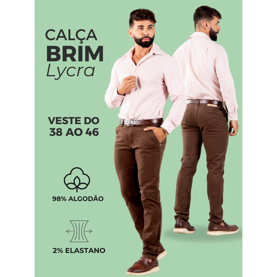 Calça Masculina  Brim Slim Premium Marrom, Com Elastano Casual Social