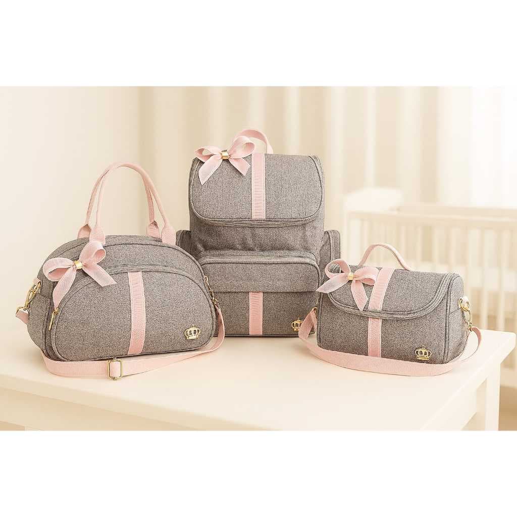Kit Bolsa Bebe Maternidade Mochila Luxo Rosa 3 bolsas Laço