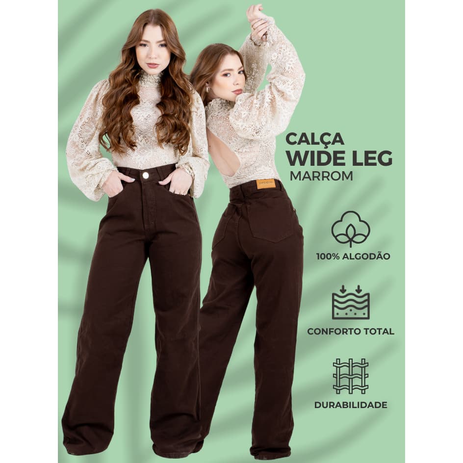 Calça Wide Leg Feminina Marrom – 100% Algodão Confortável e Estilosa