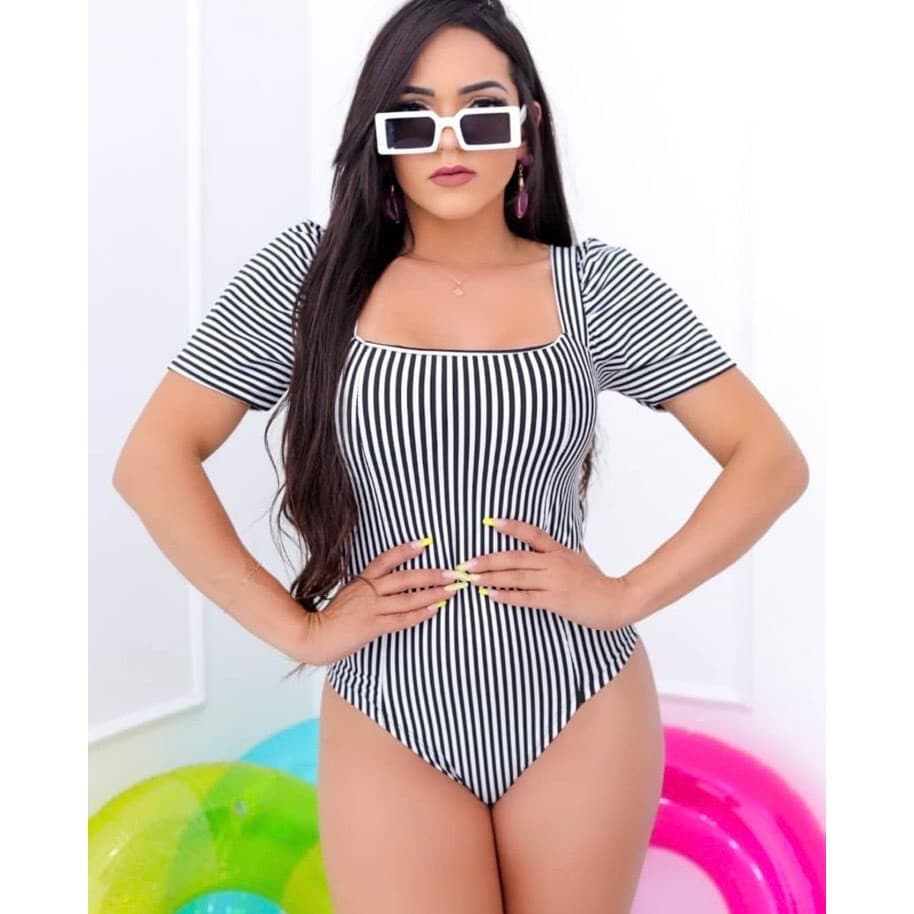 Body Bory Feminino Manga Princesa Bufante Listrado Manga Curta Com Bojo