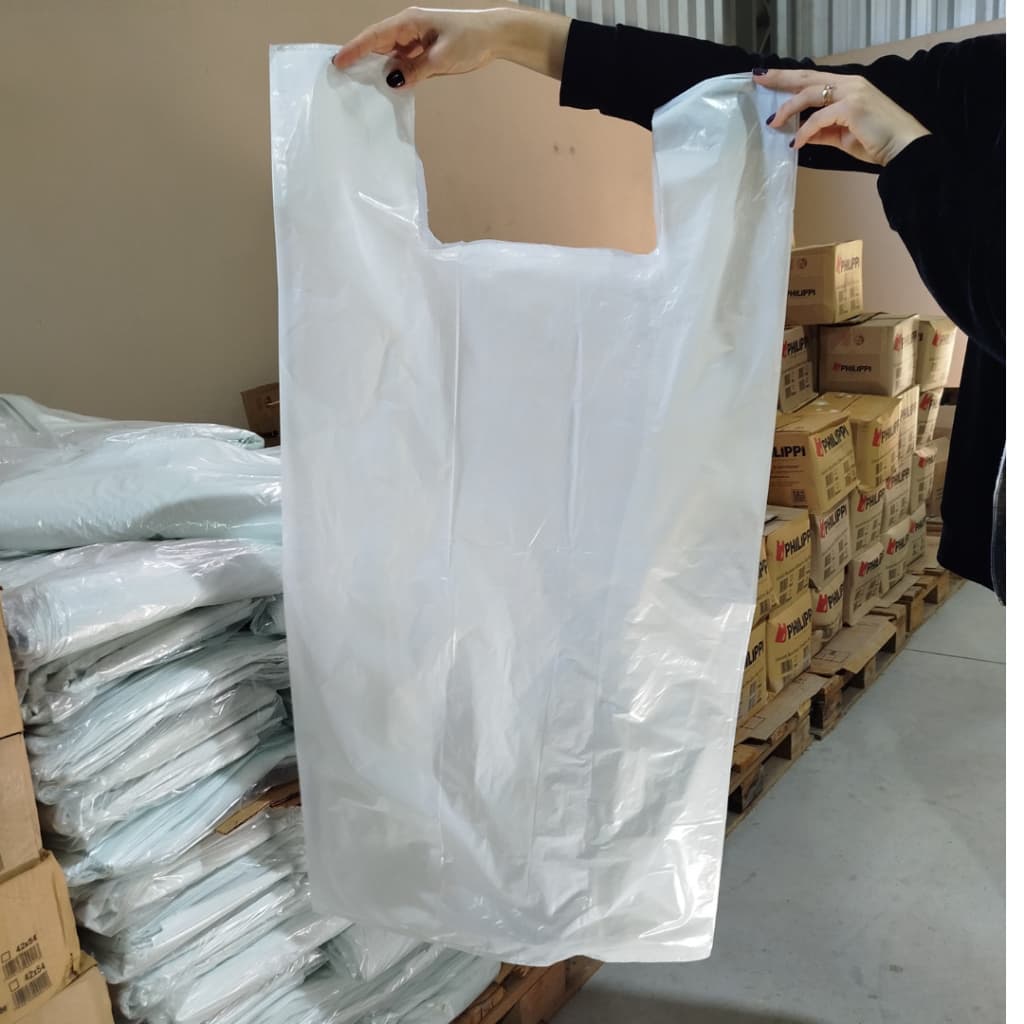 1 KG Sacola Plástica Grande Camiseta 80 X 100 Branca Reciclada Super Resistente Mercado Loja Padaria