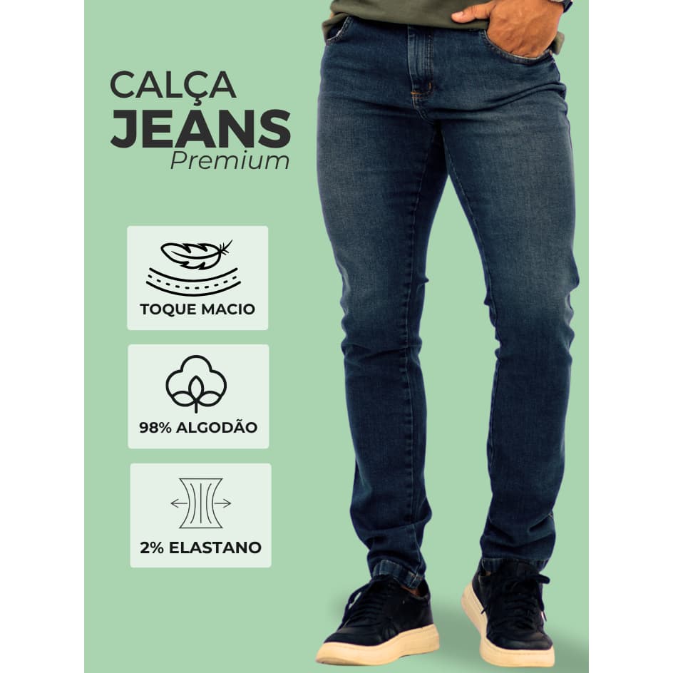 Calça Jeans Azul Escuro Masculina Slim Premium Com Elastano Moderna E Confortável