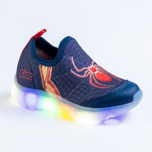 Tênis Infantil Menino Kidy Flex Light Marinho Aranha Com Luzes Led Calce Fácil Antiderrapante