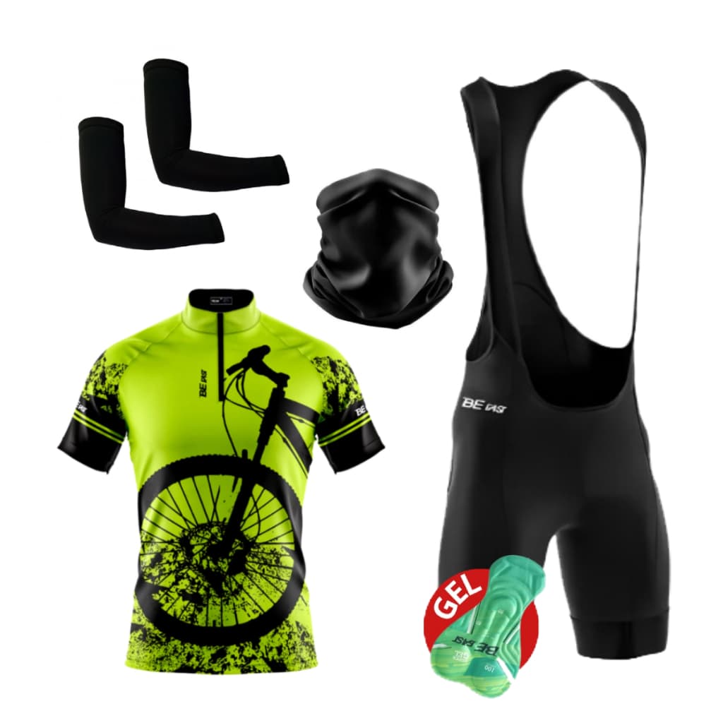 Kit Conjunto Ciclismo Camisa Proteção UV Bretelle C/ Forro em Gel + Manguito + Bandana