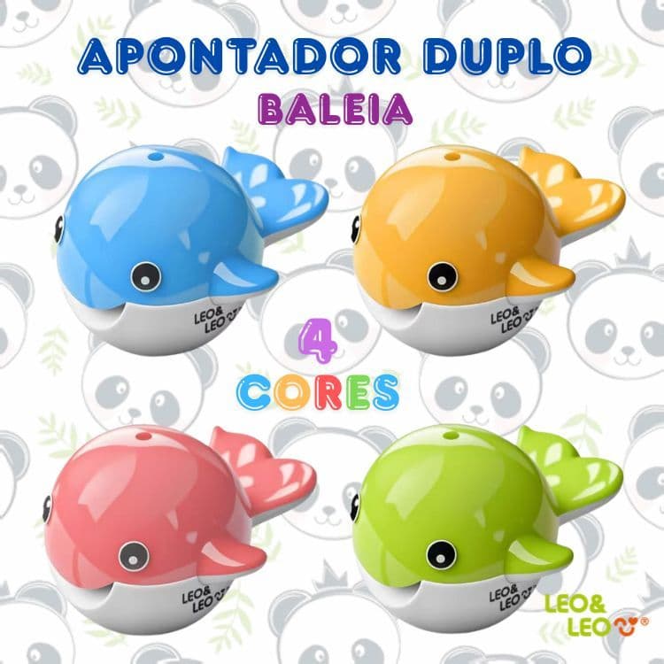 Apontador Duplo com Depósito Baleia 2 Furos Unidade 4 cores | Leo & Leo