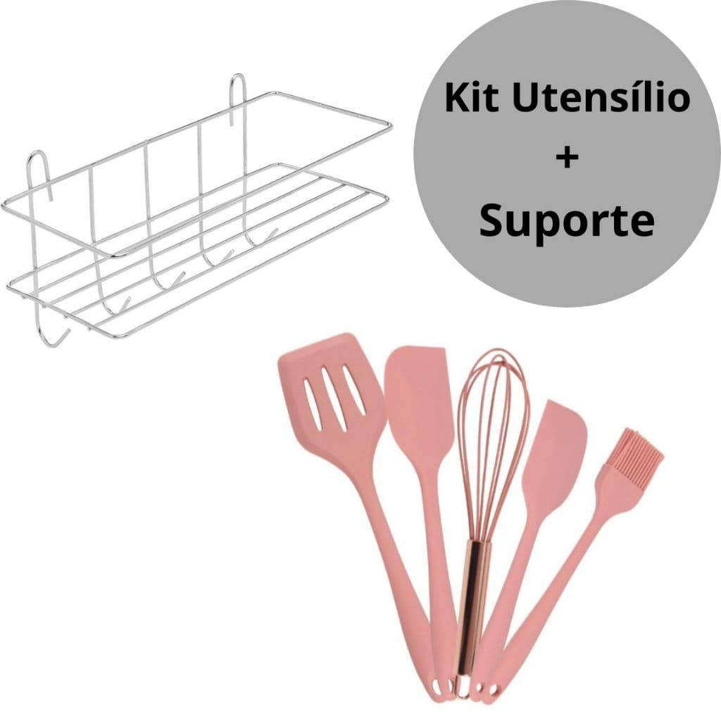 Kit Utensilios De Cozinha De Silicone 5 Peças Com Suporte De Parede Com Gancho Conjunto Luxo Rosa