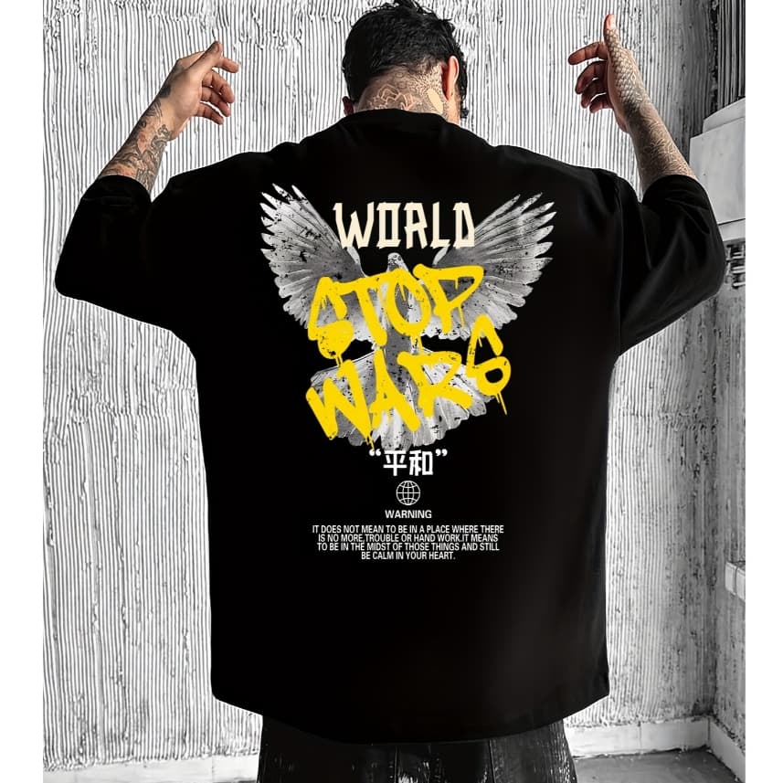 Camiseta Oversized World Stop Wars Estilo Underground Visual Forte Larga