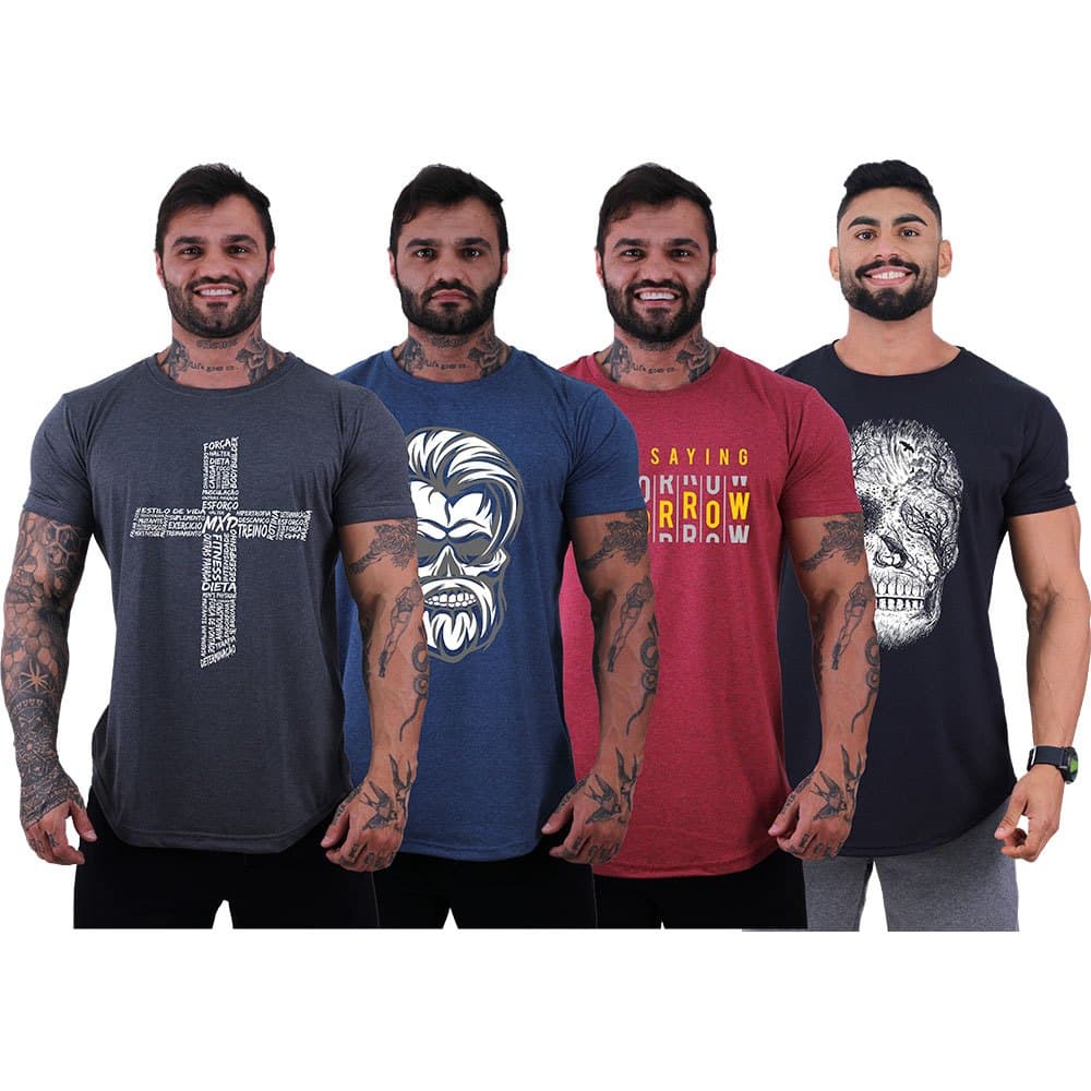 Kit 4 Camisetas Longline Masculina MXD Conceito Malha 30.1 Penteada Manga Curta Variedade de estampas e cores