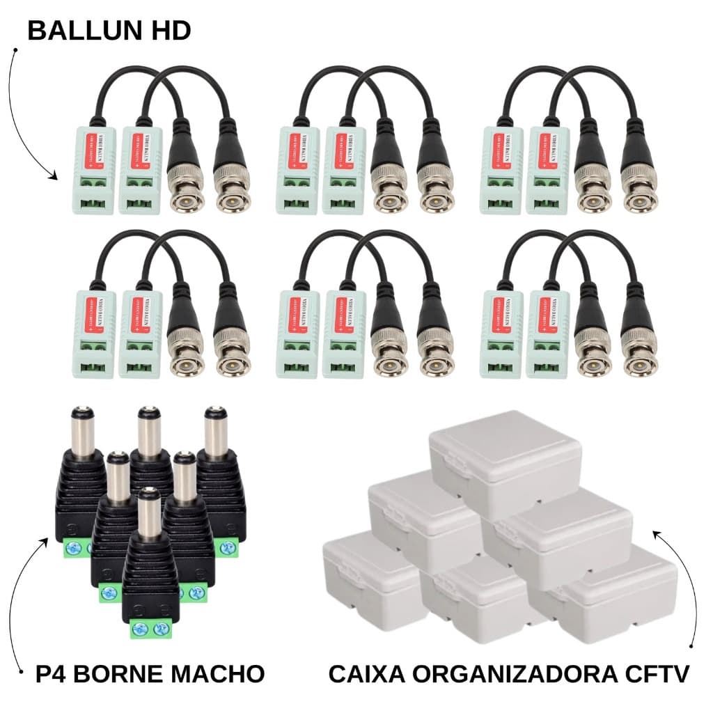 Kit com 6 Pares de Vídeo Balun (Parafuso) + 6 Caixas Sobrepor + 6 Conectores P4 Borne