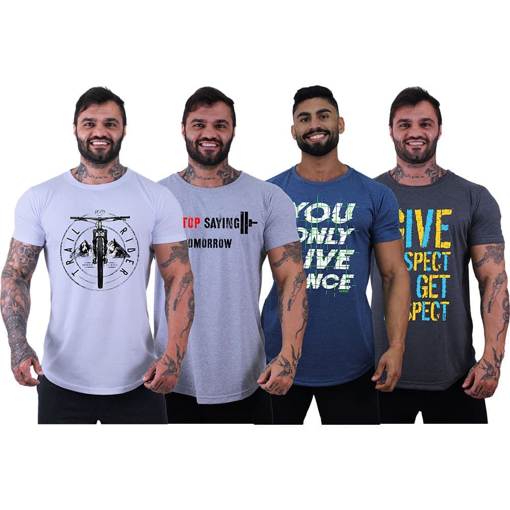 Kit 4 Camisetas Longline Masculina MXD Conceito Malha 30.1 Penteada Manga Curta Caveira com mascara caveira pixel arte