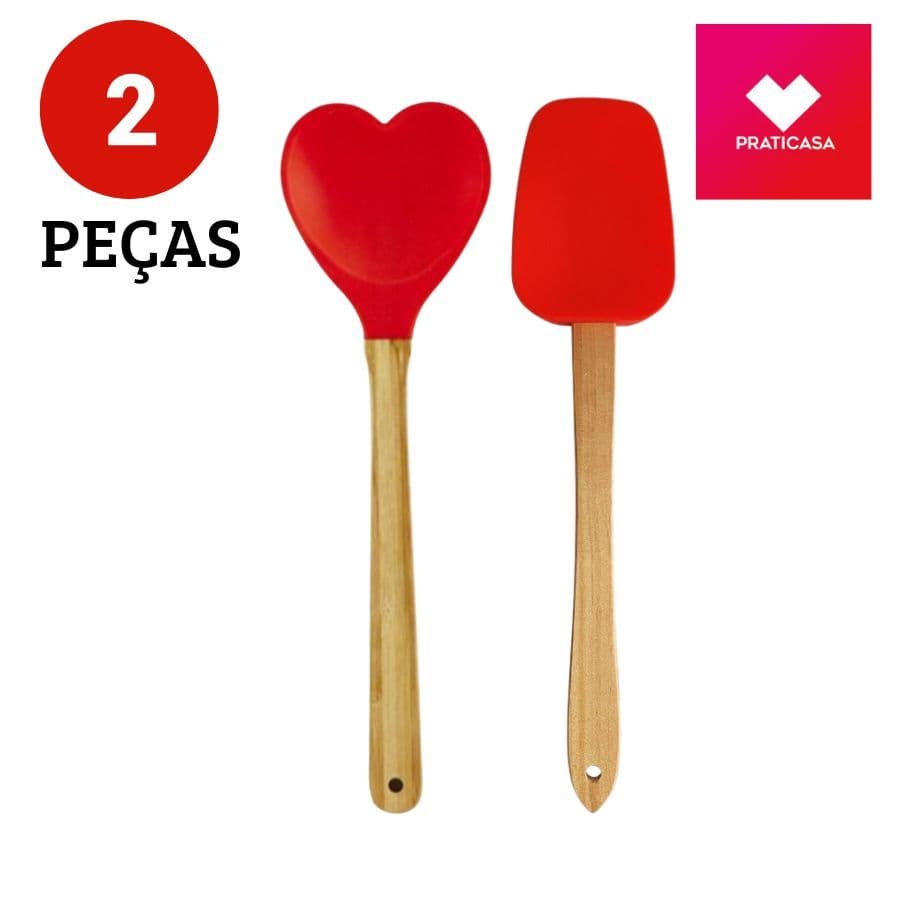 Kit Cozinha 2 Peças Silicone Cabo de Bambu Colher Coração Espátula  Praticasa
