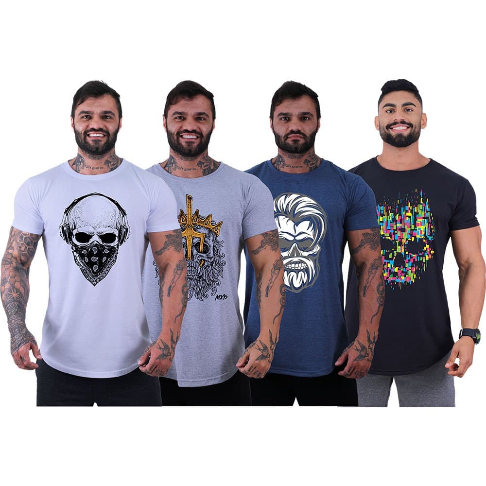 Kit 4 Camisetas Longline Masculina MXD Conceito Malha 30.1 Penteada Manga Curta Conjunto Caveira diversas