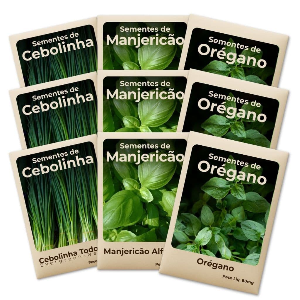 Semente Manjericão Cebolinha Orégano Ideal Para Horta Cultivo Fácil e Produtivo -Combo 9 Pct