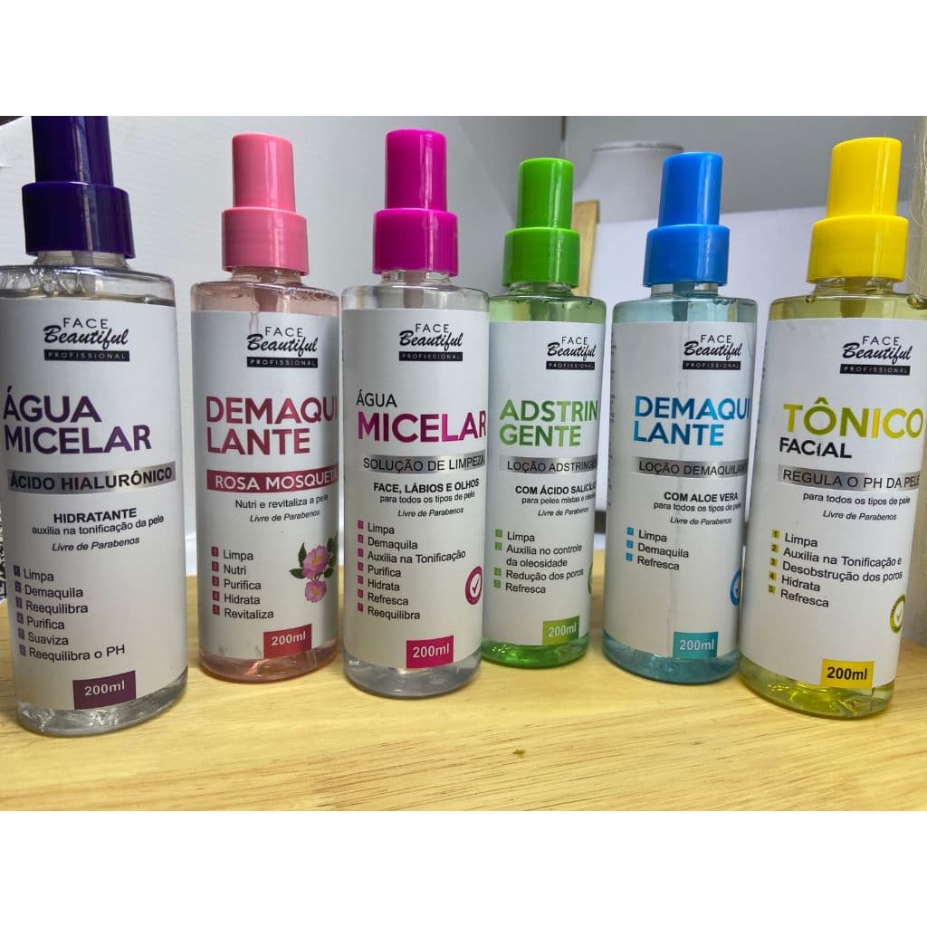 Linha de Tratamento Para a Pele Demaquilante Água Micelar Tônico Adstringente Face Beautiful 200ml