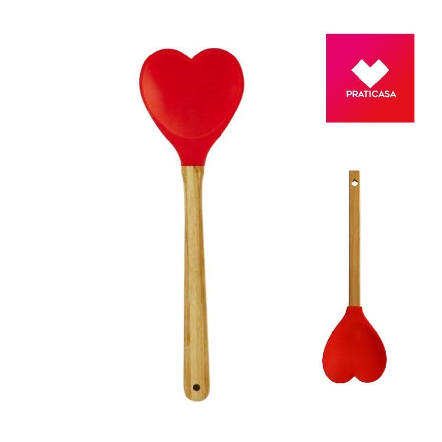 Colher coracao Silicone Cabo de Bambu 30cm Praticasa